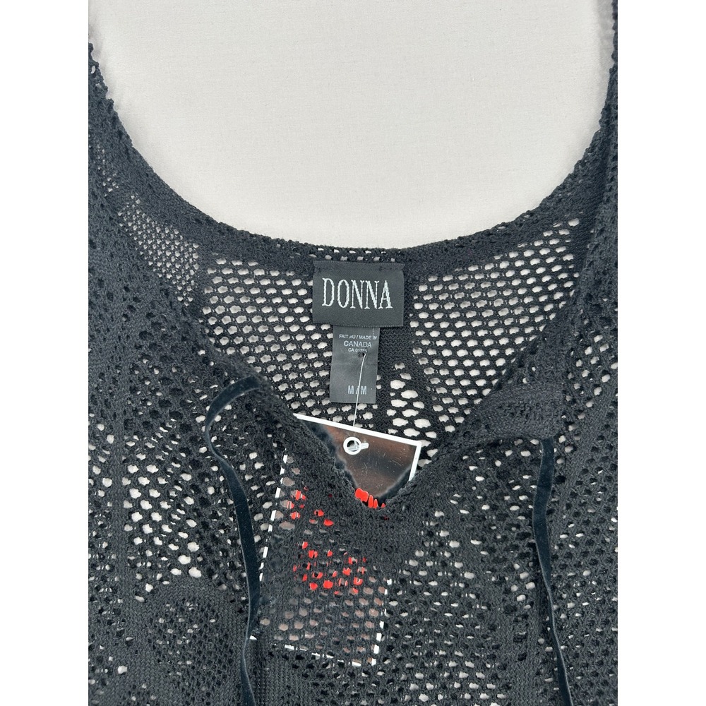 Donna Black Crochet Knit Lace Up Front Tank Top Floral Mesh Cover Up Medium - Picture 6 of 11